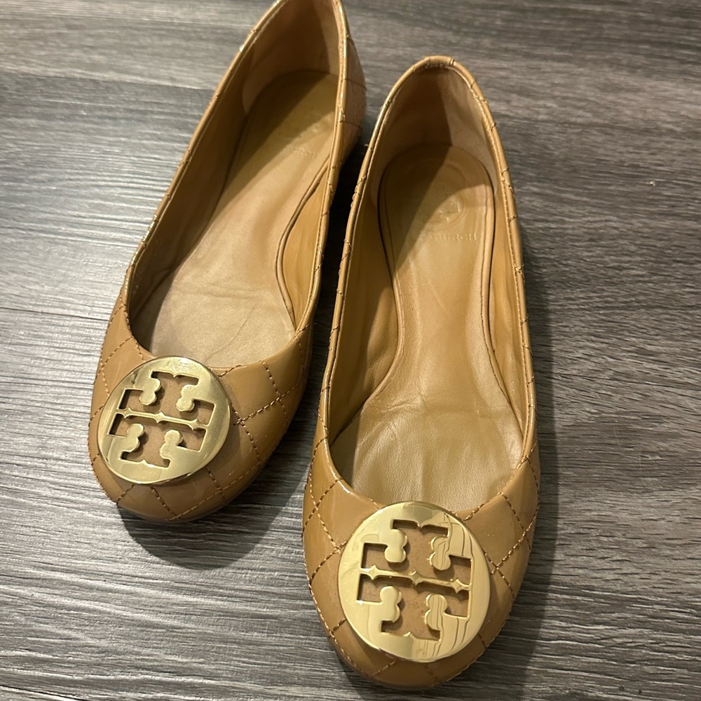 Tory Burch Camel Quilted Flats with Gold Emblem